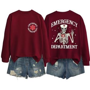 MLZHAN Spoedeisende Afdeling In Front Print Vrouwen Halloween Sweatshirts Grappige Skelet Verpleegster Hoed Cup De Terug Print Shirt, wijnrood, S