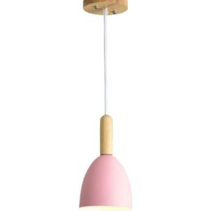 LANGDU Moderne industriële kroonluchter Macaron aluminium lampenkap slaapkamer decor hanglamp met houten handvat hanglamp E27 voet - industriële hangende plafondlamp(Color:Pink)