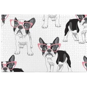 Frenchie Zwarte Cartoon Franse Bulldog Bril Roze Hond Wit Puzzel 1000 Stukjes Houten Puzzel Familie Spel Wanddecoratie