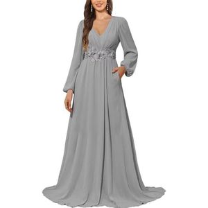 KURFACE Bruidsmeisjesjurk met lange mouwen en zakken, kanten applicatie, chiffon, moederjurk van de bruid, Zilver, 32