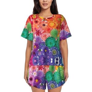 YQxwJL Regenboog Bloemen Print Vrouwen Pyjama Sets Shorts Korte Mouw Lounge Sets Nachtkleding Casual Pjs Met Zakken, Zwart, 4XL