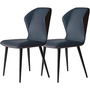 GEIRONV Eetkamerstoelen set van 2, keuken woonkamer lounge toonbank stoelen modern PU-leer hoge rugleuning gewatteerde zachte zitting ergonomie zitting metalen poten Eetstoelen (Color : Blue, Size :