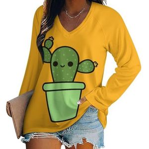Leuke cactus in groene pot dames casual T-shirts met lange mouwen V-hals bedrukte grafische blouses T-shirt tops L