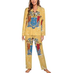 New Jersey State Flag2 Vrouwen Lange Mouw Button Down Nachtkleding Zachte Nachtkleding Lounge Pyjama Set XL