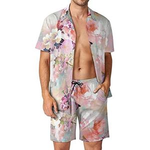 Romantische Roze Rose Bloemen Hawaiiaanse Sets voor Mannen Button Down Korte Mouw Trainingspak Strand Outfits M