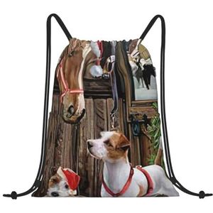 EgoMed Trekkoord Rugzak, Rugzak String Bag Sport Cinch Sackpack String Bag Gym Bag, Kerst Paard Jack Russell Terrier Puppy Hond, zoals afgebeeld, Eén maat