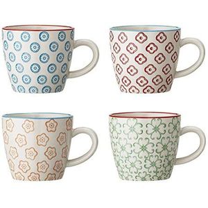 Bloomingville Kleine mokken Emma retro mokken, ideaal voor een dubbele espresso of een kleine koffie Crema ø 7,5 x H 7,5 cm, blauw rood oranje groen, keramiek, set van 4