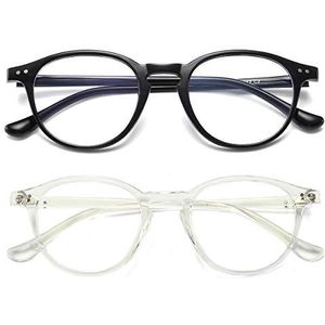 Bril anti-blauw licht blokkerende bril blauw licht rond retro voor UV PC gaming computer dames heren, transparant + zwart, Eén maat