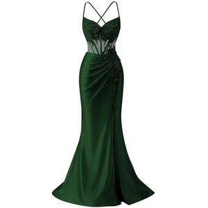 KIYNE Satijnen zeemeermin-galajurken met split voor dames, kant, appliqué, spaghettiband, formele feestjurk, baljurk, Emerald Groen, 32