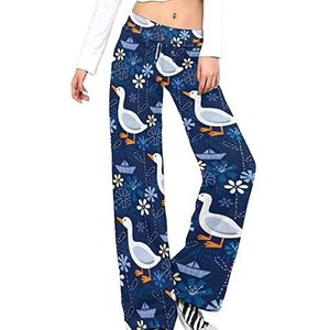 Ganzen Bloemen En Papier Boten Vrouwen Broek Casual Broek Elastische Taille Lounge Broek Lange Yoga Broek Rechte Been