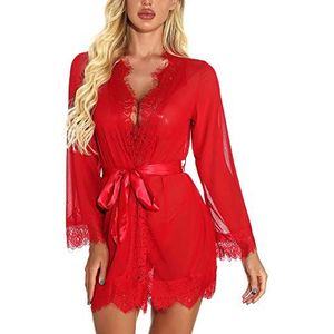 RSLOVE Kanten kimono gewaad voor dames, sexy lingerie, babydoll, nachtkleding, mesh nachthemd, transparante kimono chemise, Rood, S