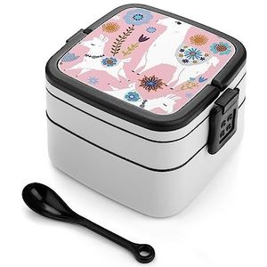 Leuke Alpaca Llama Bento Lunchbox Dubbellaags All-in-One Stapelbare Lunch Container Inclusief Lepel met Handvat
