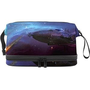 Grote capaciteit reizen cosmetische tas,Fantasie luchtschip vliegtuig kosmos, make-up tas, waterdichte make-up tas organisator, Meerkleurig, 27x15x14 cm/10.6x5.9x5.5 in