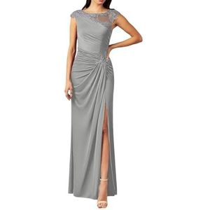 Dames chiffon moeder van de bruid jurk met zakken avondgalajurken cocktailjurk grote maten, Zilver, 32