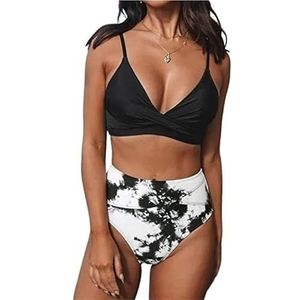 Bikiniset for dames, 2-delige badmode, kruis, gerimpeld, V-hals, hoge taille, push-up bikini, strandvakantie, damesbadpak(Printing 1,XXL)