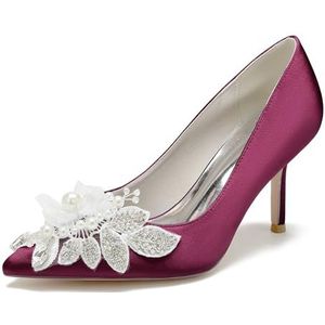 EICOFF Vrouwen Hoge Hakken Pumps Gesloten Puntige Teen Bruiloft Schoenen Parel Kristal Bloem Naaldhak Jurk Hof Trouwschoenen,Burgundy,35 EU