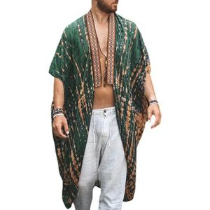 UERSJWYSO Heren Open Voorkant Lange Cardigan Cape Lichtgewicht Halflange Mouwen Bedrukt Zomer Kimono Jassen Strand Overjas,Groen,3XL