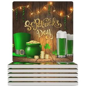 St. Patrick's Day groene hoed bieren gepersonaliseerde onderzetters voor drankjes/bruiloft/cadeau/nieuw huis grappige onderzetters set van 4/6 vierkant 3,7 inch