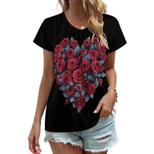 Rode roos liefde hart dames V-hals T-shirts leuke grafische korte mouw casual T-shirt tops XL