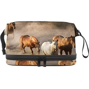 Make-up tas - grote capaciteit reizen cosmetische tas, kudde paarden bruine paarden hardlopen, Meerkleurig, 27x15x14 cm/10.6x5.9x5.5 in