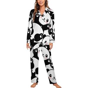 Leuke Panda's Vrouwen Lange Mouw Button Down Nachtkleding Zachte Nachtkleding Lounge Pyjama Set M
