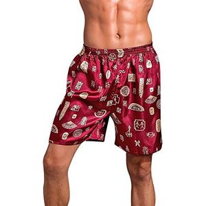 Dolamen Heren pyjamabroek shorts kort, 2 stuks heren satijnen ondergoed boxershorts nachtkleding trunk pyjamabroek bottoms elastische band om te slapen vrije tijd, Rood II, XL