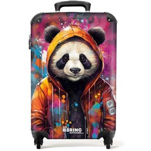 NoBoringSuitcases.com © Handbagage koffer Reiskoffer met wielen Trolleys Harde koffers in handbagage-middelgroot in 30 afbeeldingen (Panda met oranje jas en verfspetters, 55x40x20 cm)
