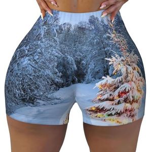 ELRoal Dames sport elastische shorts kerstboom winter afdrukken vrouwen workout shorts ademend en sneldrogend yoga shorts, Zwart, L-3XL Short