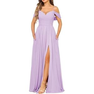 Chiffon bruidsmeisjesjurk voor dames met split avondjurken baljurk cocktailjurk grote maten, Lila, 32
