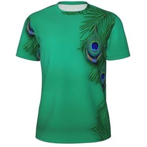 Groen sportshirt voor heren met pauwenverenprint, ademend koel droog mesh basislaag tops met korte mouwen hardlooptop gym shirt, Zwart, S