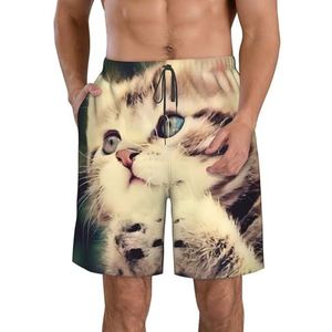 PHTZEZFC Strandshorts voor heren, met kattenprint, zomervakantie, strandshort, casual, lichtgewicht trekkoord, Wit, XL