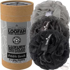 Temple Spring, Eco-gerecycleerde douchepoef, badluifel, lichaamsborstel, mesh-spons, exfoliërende badscrunchie, multipack-badstofdons, toiletartikelen, schuimballen (Kiezelstrand)