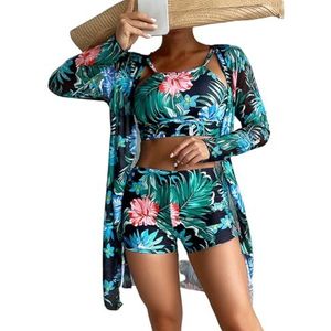 oenyaeu 3-delige badpakken voor vrouwen zomer strand bloemenprint halter bikini set met kimono cover up, Blauw, XL