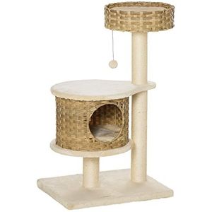 PawHut krabpaal kattenboom klimboom met sisalpalen stabiel met grotten speelballen speelsisal hoogte 95 cm spaanplaat sisal fluweelzacht polyester PE naturel + beige 55 x 47 x 95 cm