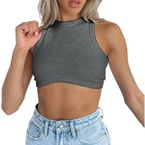 Dwnval Sexy mouwloze ronde hals geribbelde gebreide tank crop tops voor vrouwen, Grijs, XS