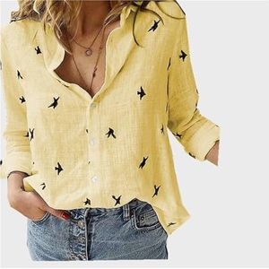 Dames katoenen linnen button-down overhemd Casual effen kleuroverhemden met lange mouwen Losse werktops Linnen overhemden for dames(Flower Yellow,5XL)