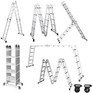 Froadp 580cm Aluminium Steiger Multifunctionele ladder Combi Huishoudtrappen Vouwladder Schuifladder Anti-slip Anleunladder met 2 Stuks Platform Belastbaarheid 150KG (Zilver, 4x5 Treden)