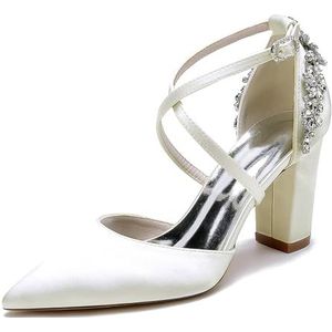 HFWXYSA Dames Hoge Blokhak Bruidsschoenen Satijnen Kruis Enkelbandje Strass Pompen Puntige Teen Parels Bruiloft Feest Hofschoenen,ivoor,35 EU