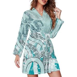 Zwart-wit Octopus Vrouwen Badjas Sjaal Kraag Loungewear Spa Badjas Lange Mouw Pyjama L