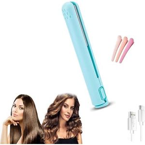 Mini Dual-Purpose Krultang, 2-in-1 Mini Krultang Stijltang Haar, Draagbare Keramische Mini Haar Krultang, Snoerloze Stijltang Reis Krultang for Lang Kort Haar USB Oplaadbaar(Blue)