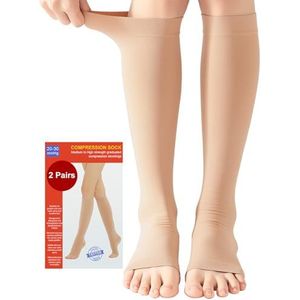 2 Paar Medische Compressiekousen Dames & Herren 20-30 mmHg, Klasse 2 | Open Teen | Gegradueerde Steun | Steunkousen tegen Oedeem, Trombose, Reizen | Zwangerschap (2x Beige, S)