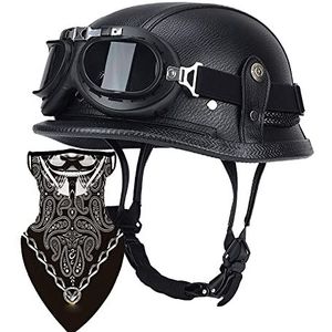 POICON Duitse Lederen Motorfiets Halve Helm Retro Halve Shell Helm JetHelm met Vizier Snelsluiting Gesp voor Cruiser Chopper Biker Moped ECE-Goedkeuring (Kleur: A1, Maat: M (55 ~ 56 cm))