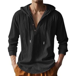 CupitiDU Linnen strandshirt met capuchon voor heren, lichtgewicht knoopsluiting, losse pasvorm, ademend zomershirt tops met capuchon, Zwart-1, 3XL