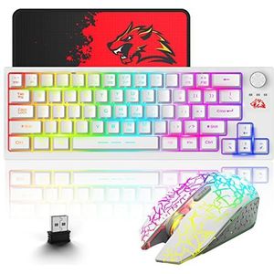 60% Draadloos gaming-toetsenbord muis combo, 64 toetsen met knop 3800mAh Oplaadbaar batterij RGB verlichting Keyboard, 2400 DPI regenboog mute-muis met muispad, Compatibel PS4/PS5/PC/Laptop - Wit