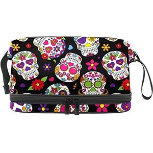 Grote capaciteit reizen cosmetische tas,Boho schedel hoofd roos bloemen, make-up tas, waterdichte make-up tas organisator, Meerkleurig, 27x15x14 cm/10.6x5.9x5.5 in