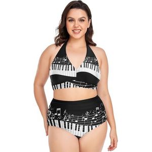 Zwart Wit Muzikale Piano Sleutels Vrouwen Bikini Sets Plus Size Badpak Twee Stukken Hoge Taille Strandkleding Meisjes Badpakken, Pop Fashon, 4XL