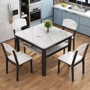 FAXJRU Vierkante eettafel en 4 stoelen set, keuken dubbellaagse tafel en stoelen set voor 2-4, kleine tafel met opbergrek, ontbijthoek tafel met 4 rugleuningstoelen (wit zwart, 80 cm)