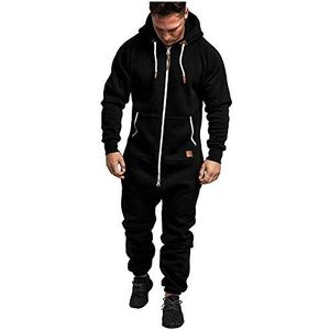 Heren jumpsuit met capuchon ritssluiting eendelige pyjama playsuit Jogger Sweatsuit Overall Romper, Zwart, 3XL