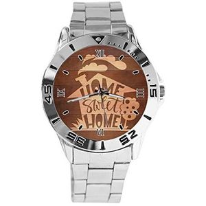 Sweet Home Houten Print Mode Heren Horloges Sport Horloge Voor Vrouwen Casual Rvs Band Analoge Quartz Polshorloge, Zilver, armband