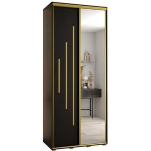 MEBLE KRYSPOL Davos 13 100 Kledingkast met twee schuifdeuren voor slaapkamer - Moderne Kledingkast met spiegel, kledingroede en planken - 235,2x100x60 cm - Zwart Zwart Goud